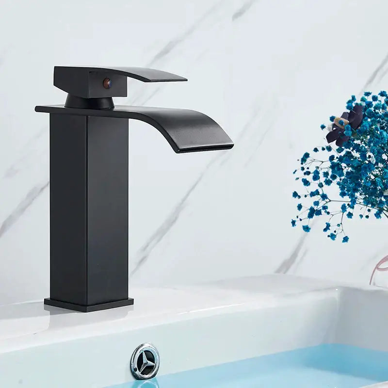 Modern matte black waterfall basin faucet mixer tap with sleek matte finish for bathroom vessel sink use