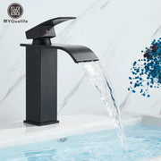 Modern matte black waterfall basin faucet mixer tap with sleek matte finish for bathroom vessel sink use