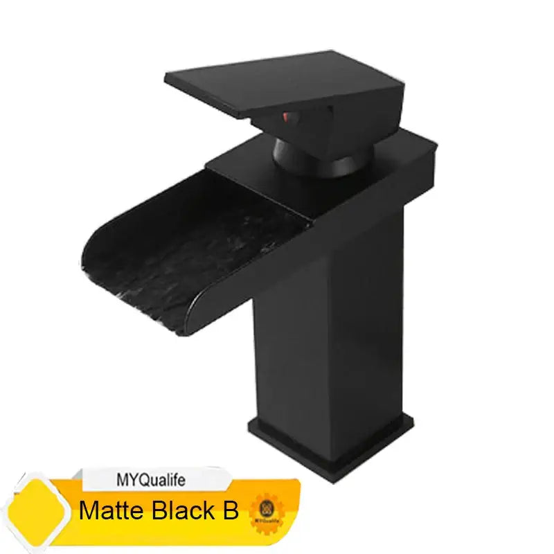 Modern matte black waterfall basin faucet mixer tap with sleek rectangular spout for bathroom vessel sink
