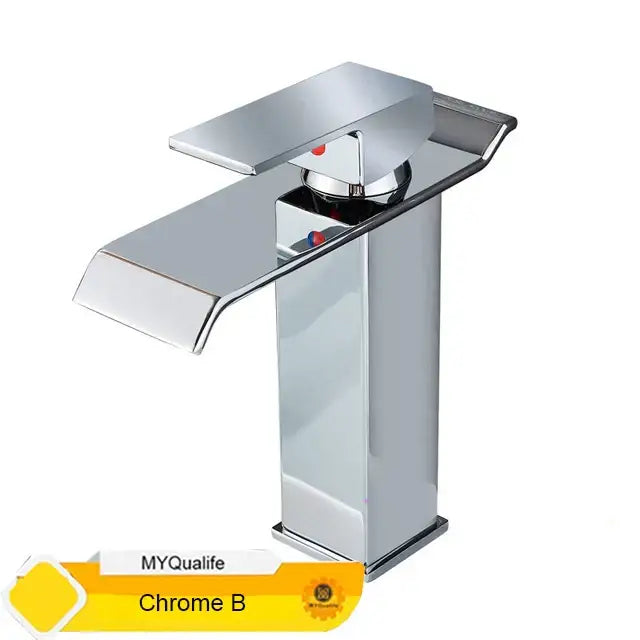 Modern chrome finished waterfall basin faucet mixer tap with sleek angular design and rectangular spout for bathroom use