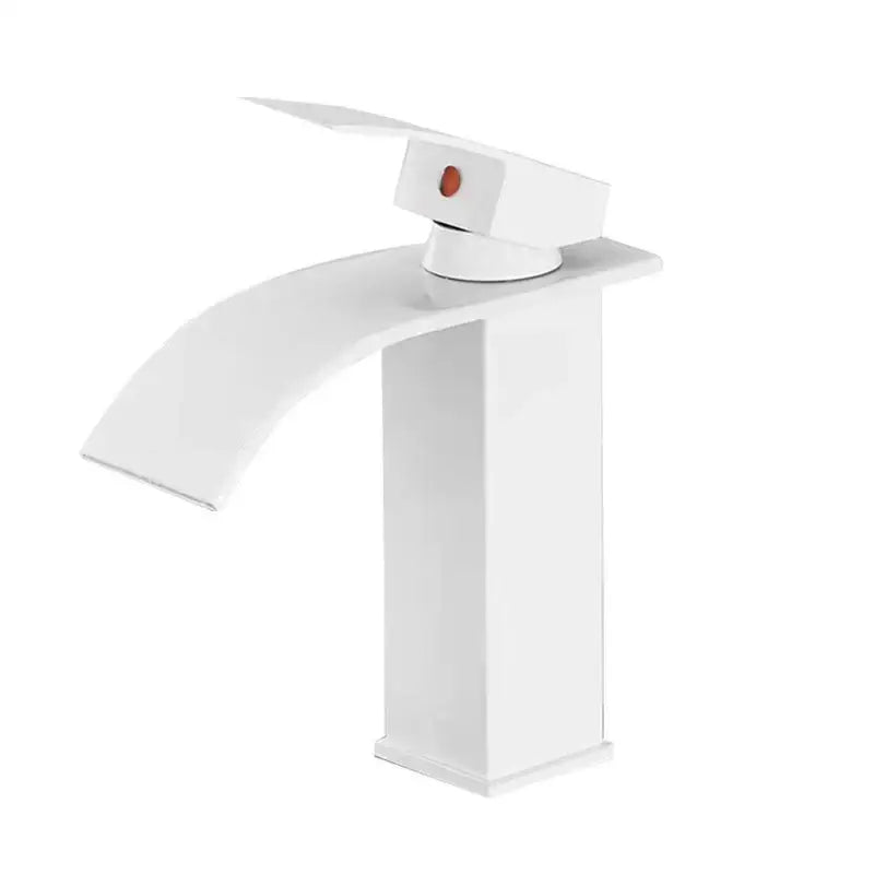 Modern matte black waterfall basin faucet mixer tap with white curved spout and orange-accented rectangular handle
