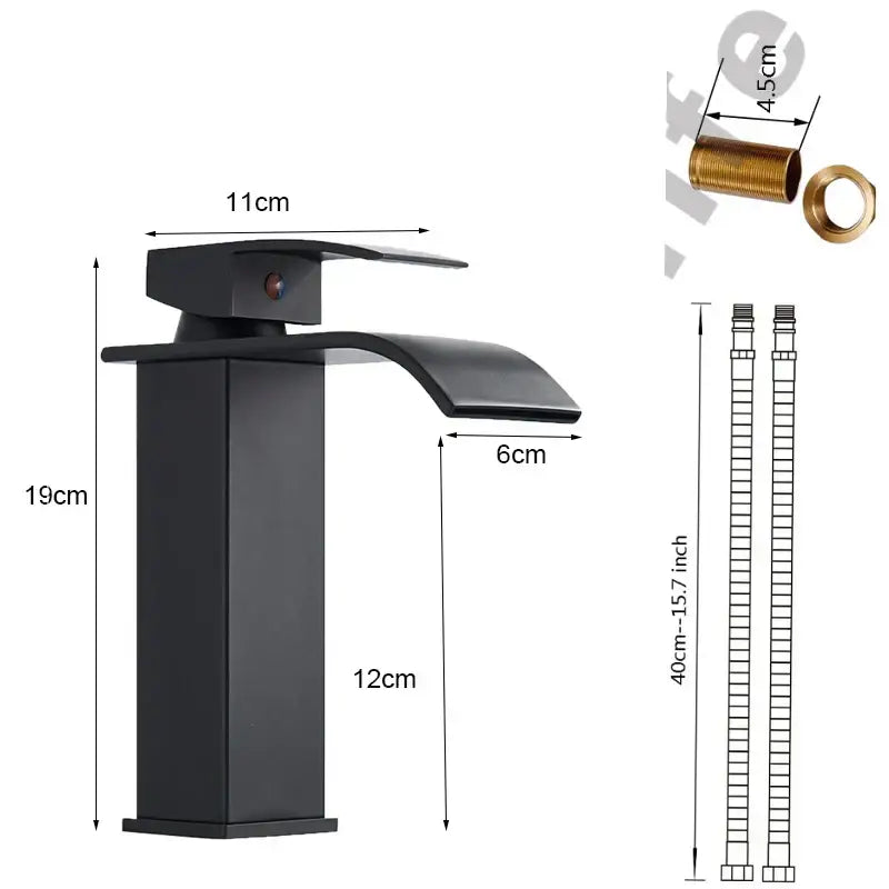 Modern matte black waterfall basin faucet mixer tap with sleek design and integrated temperature control knob for bathroom