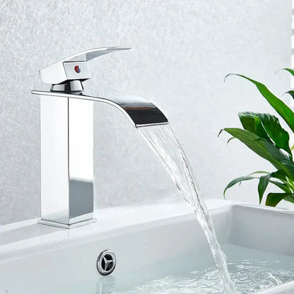Modern chrome waterfall faucet mixer tap with sleek angular design and single red indicator button for basin faucet