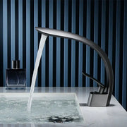 Modern matte black basin faucet single handle mixer with sleek curved design and waterfall spout for bathroom use