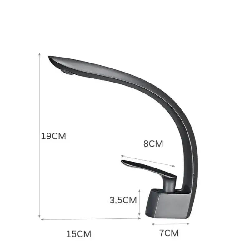 Modern matte black waterfall basin faucet with single handle mixer and sleek curved minimalist design for bathroom use