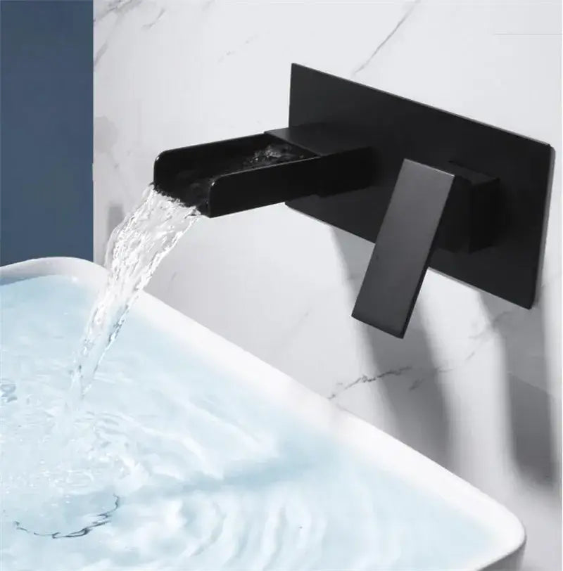 Modern matte black waterfall basin mixer tap with a black matte finish and wall-mounted rectangular design