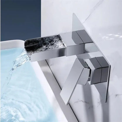 Modern chrome finished basin mixer tap with angular geometric design for bathroom wall mounted waterfall basin mixer