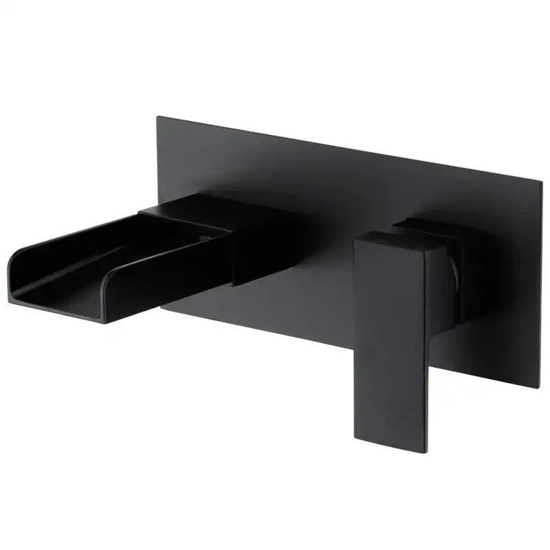 Modern matte black waterfall basin mixer tap wall mounted with sleek rectangular spout and minimalist handle design