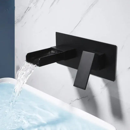 Modern matte black waterfall basin mixer tap with sleek wall-mounted design and black matte finish for bathrooms