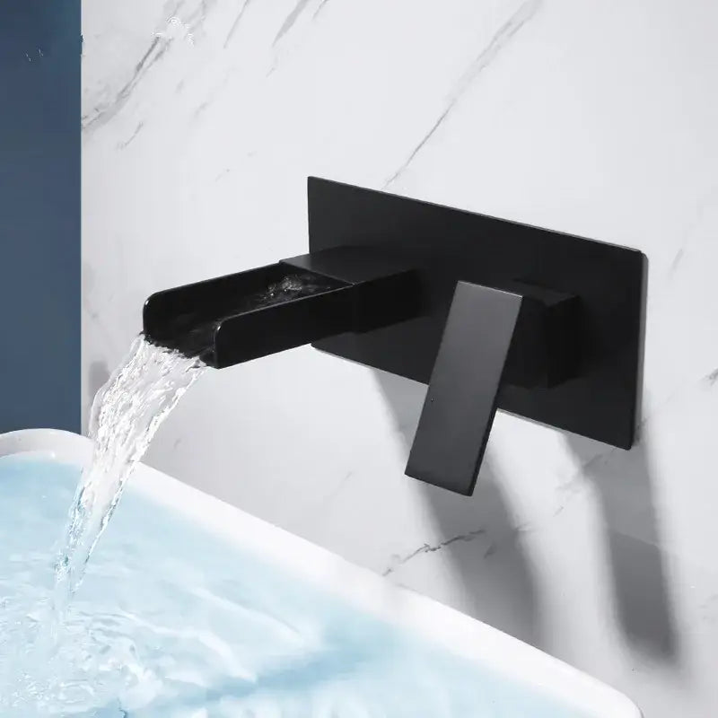 Modern matte black waterfall basin mixer tap with sleek wall-mounted design and black matte finish for bathrooms