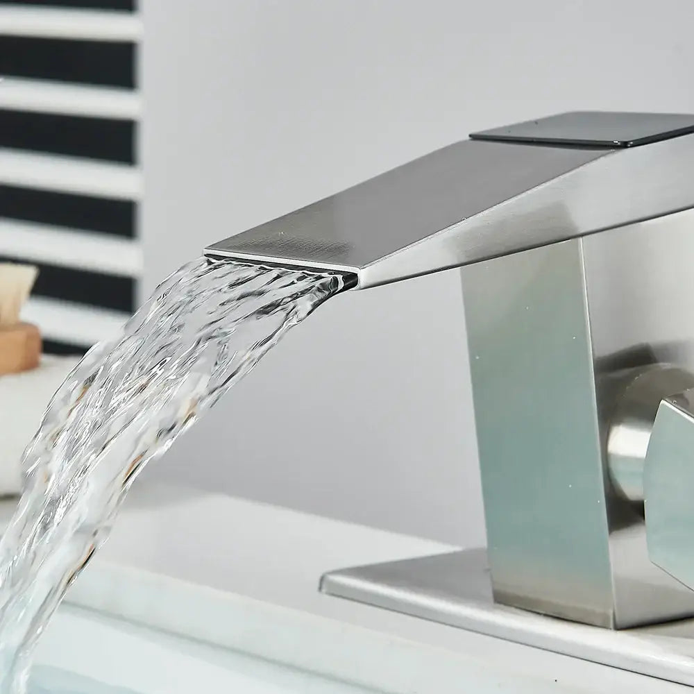 Modern matte black bathroom faucet with temperature display and brushed stainless steel waterfall spout decorbites brass waterfall
