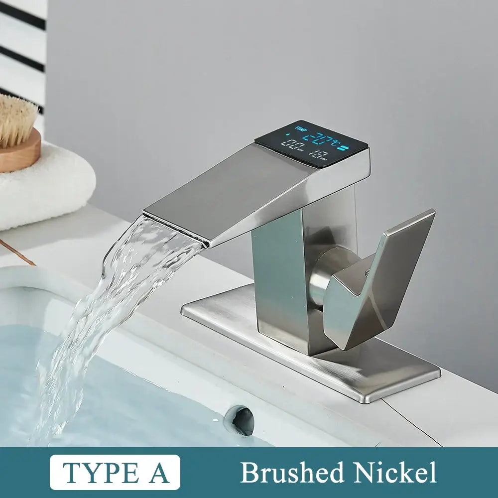 Modern matte black bathroom faucet with brushed nickel finish and temperature display decorbites brass waterfall design