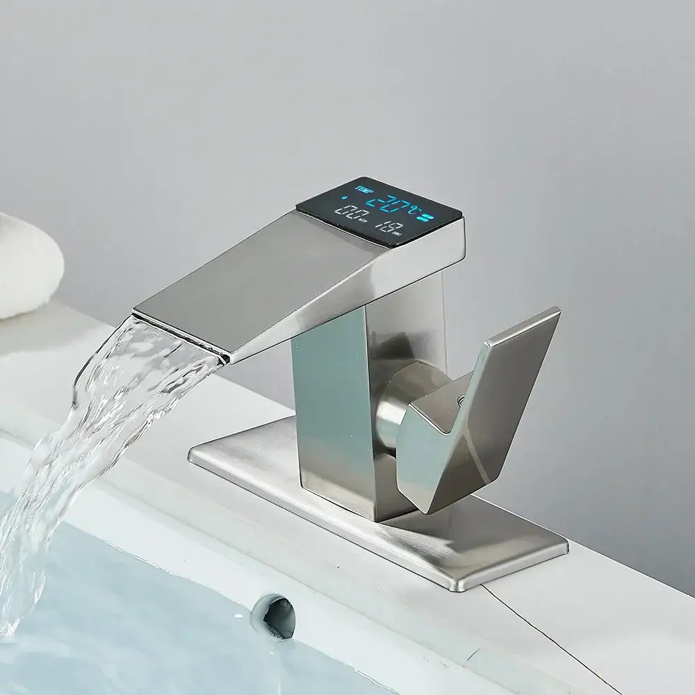Modern matte black brass waterfall bathroom faucet with brushed stainless steel finish and temperature display for decorbites