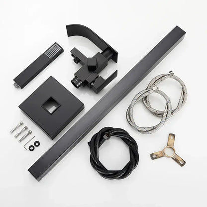 Modern matte black waterfall bathtub faucet with matte black finish square base and curved spout by decorbites