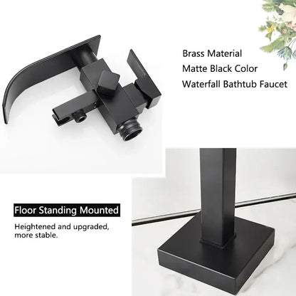 Modern matte black waterfall bathtub faucet with handheld shower floor-standing design by decorbites matte black brass
