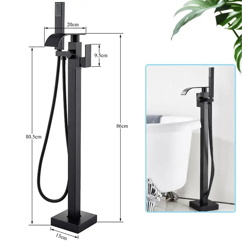 Modern matte black waterfall freestanding bathtub faucet with matte black finish and flexible handheld shower hose
