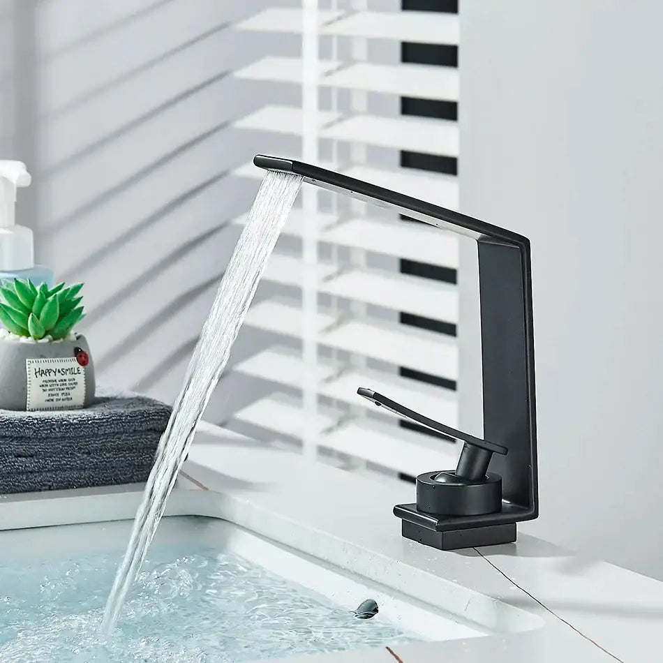 Modern matte black waterfall decorbites basin faucet with sleek matte finish for bathroom basin mixer use