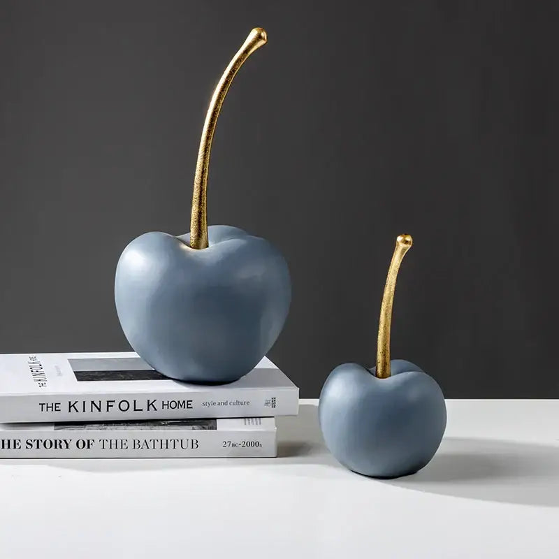 Blue ceramic apple ornaments with gold toned stems modern matte resin apple decor for living room display