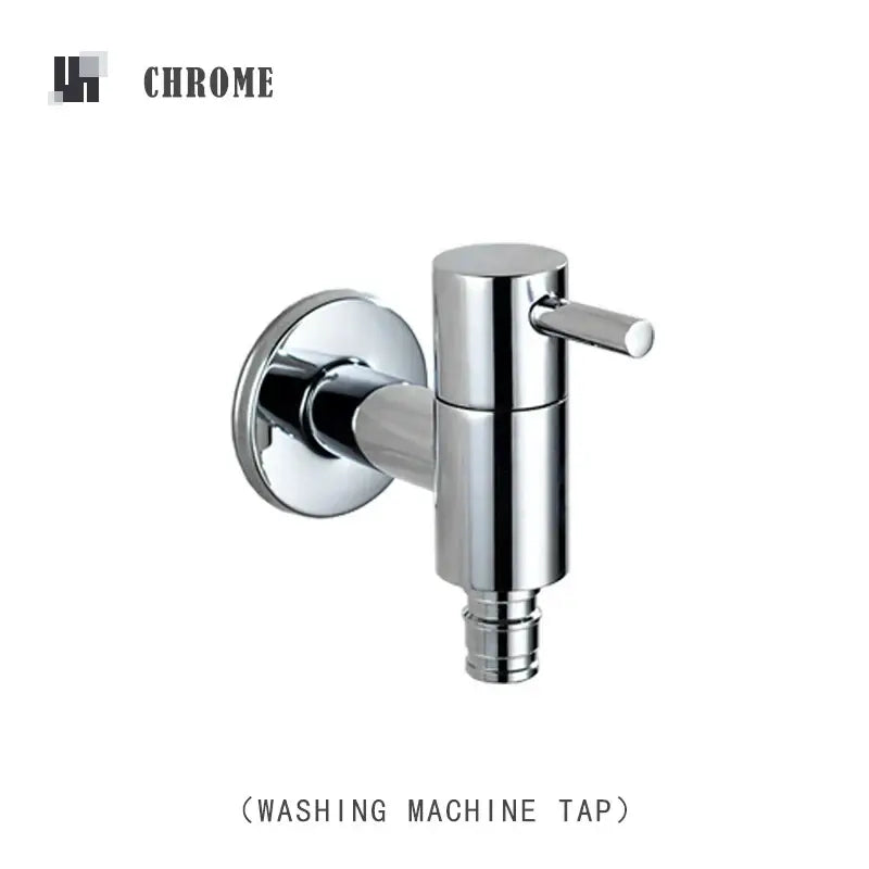 Modern matte brass black garden faucet with chrome-finished wall-mounted washing machine tap and sleek cylindrical design