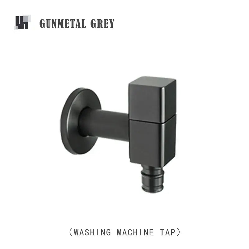 Modern matte brass black garden faucet with gunmetal grey washing machine tap featuring sleek angular design and brass black wall mount