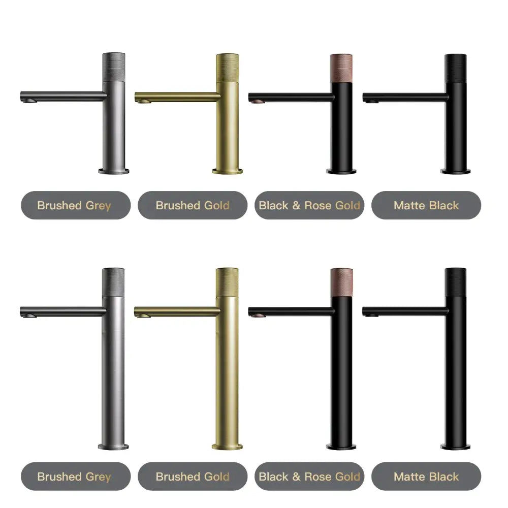 Modern matte bronze basin faucet with textured handles available in brushed grey, gold, black, and rose gold finishes