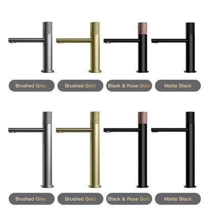 Modern matte bronze basin faucet with textured handles available in brushed grey, gold, black, and rose gold finishes
