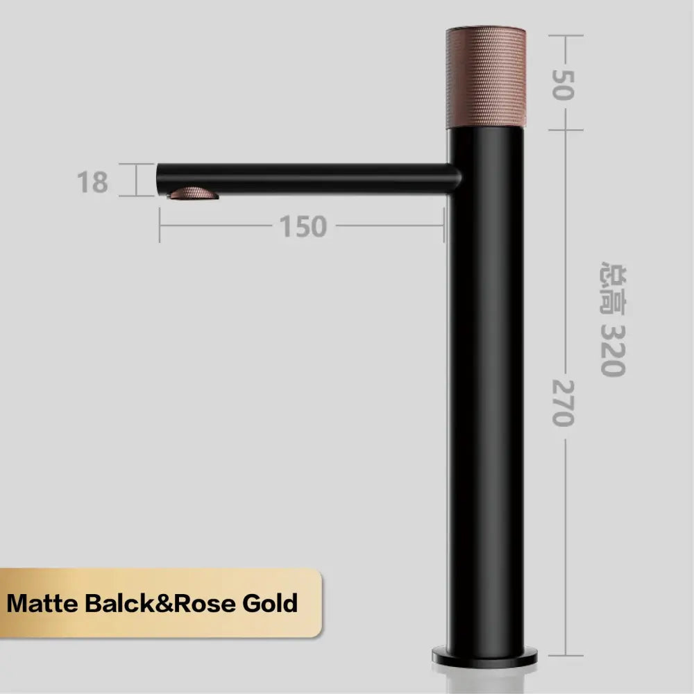 Modern matte bronze basin faucet with textured handles featuring a sleek tall matte black and rose gold design