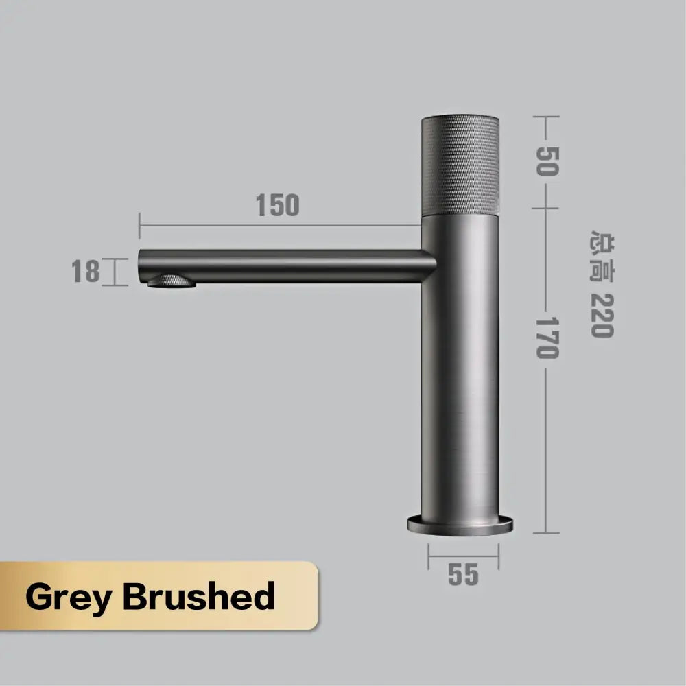 Modern matte bronze basin faucet with grey brushed metal single-handle and textured grip for kitchen use