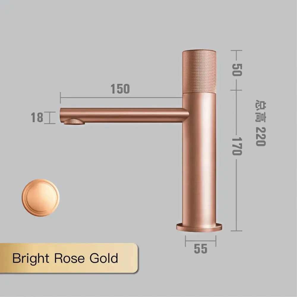 Bright rose gold basin faucet with single textured cylindrical handle and sleek modern matte bronze design for kitchen use
