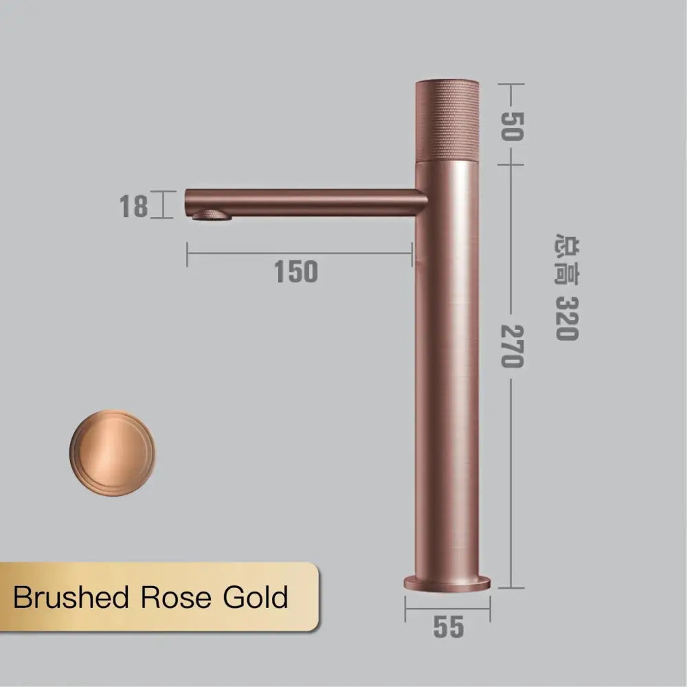 Brushed rose gold basin faucet with modern tall design and textured cylindrical handle for kitchen use