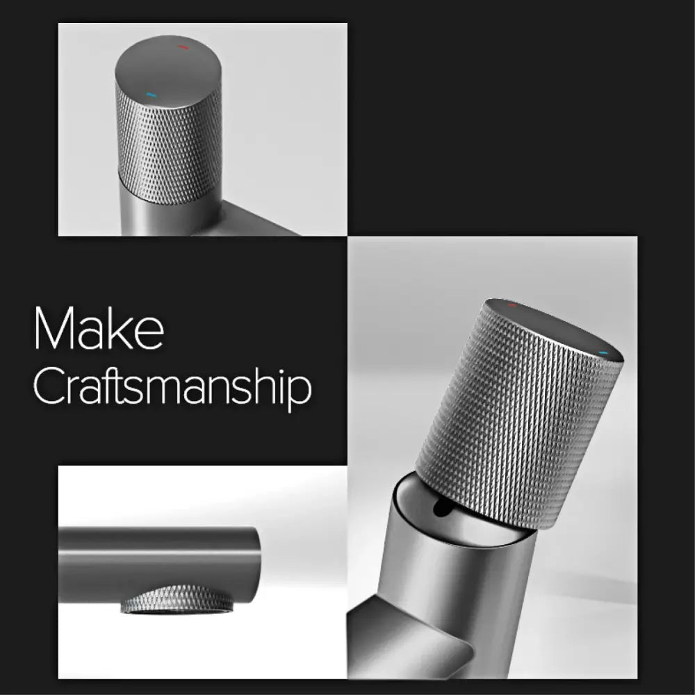 Modern matte bronze basin faucet with a sleek cylindrical design and textured brushed stainless steel knurled handle