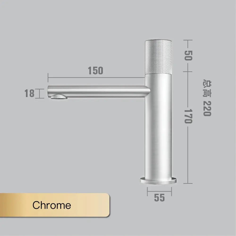 Modern chrome finished basin faucet with sleek cylindrical design and textured grip on the single-handle fixture