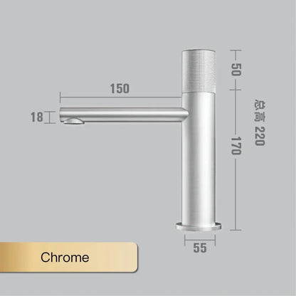 Modern chrome finished basin faucet with sleek cylindrical design and textured grip on the single-handle fixture
