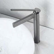 Modern matte chrome decorbites basin faucet with sleek angular design and single lever handle for bathroom use