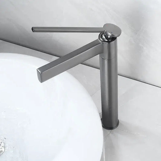 Modern matte chrome decorbites basin faucet with sleek angular design and single lever handle for bathroom use