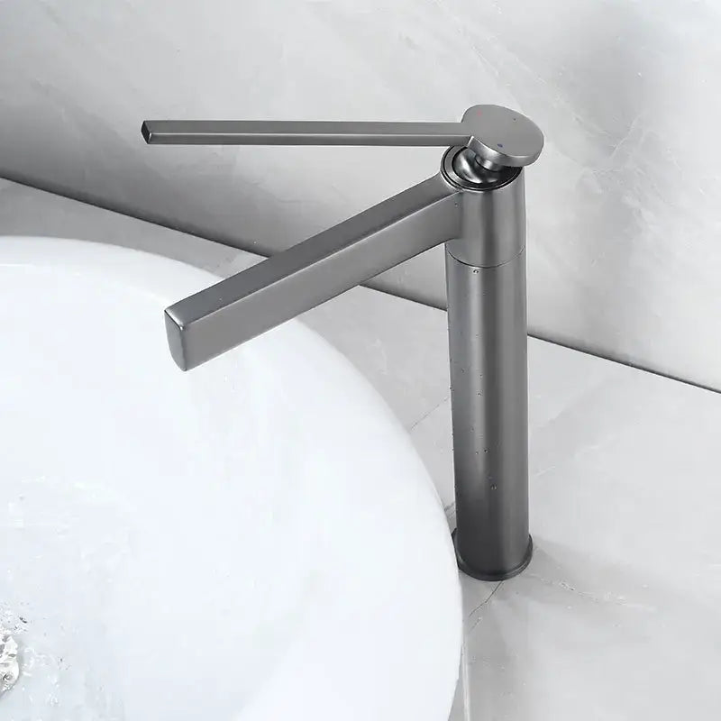 Modern matte chrome decorbites basin faucet with sleek angular design and single lever handle for bathroom use