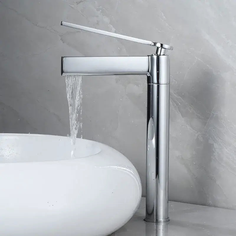 Modern matte chrome decorbites basin faucet with chrome-finished waterfall feature and sleek rectangular spout design