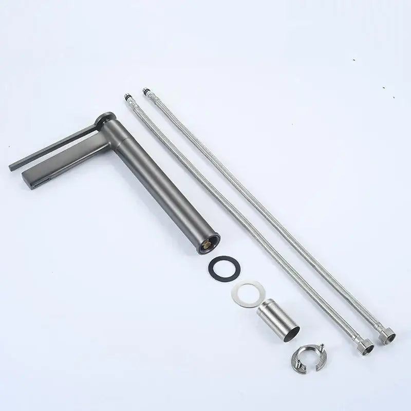 Modern matte chrome decorbites basin faucet with flexible braided hoses and matching hardware for bathroom use