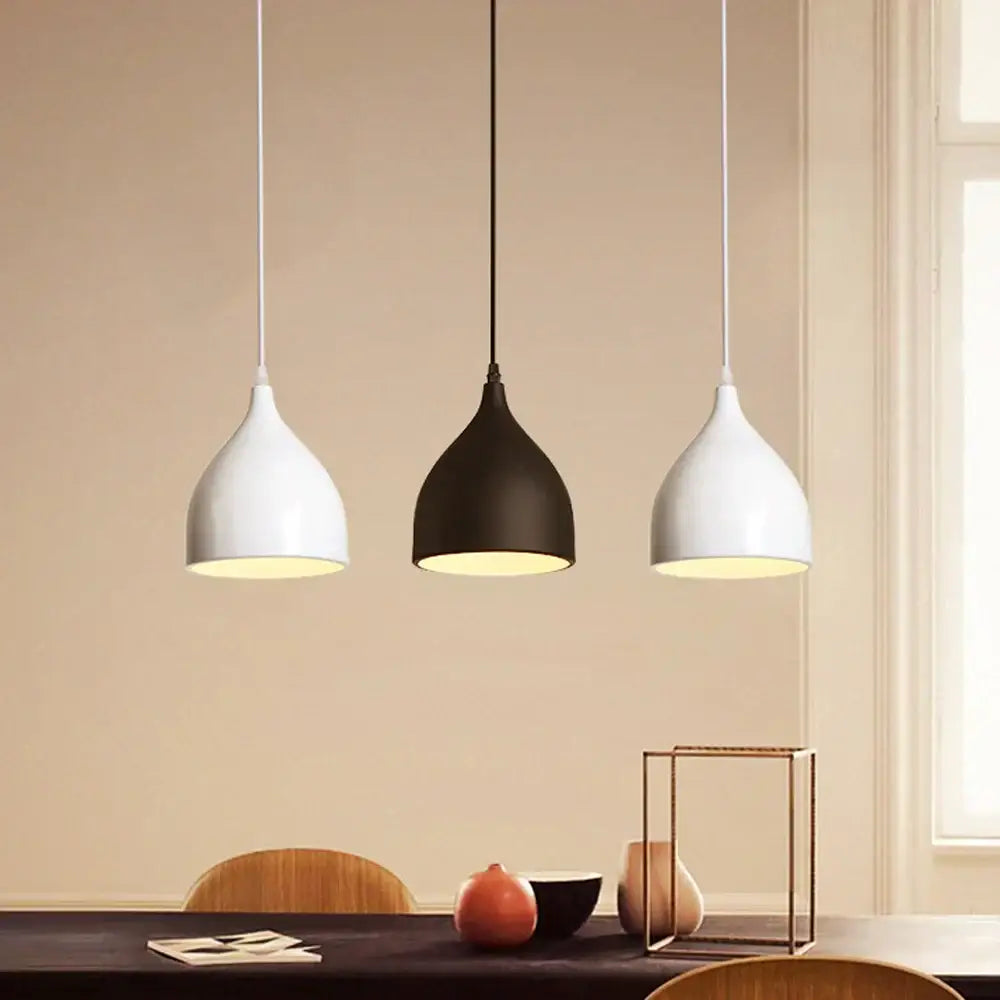 Three modern pendant lights with matte white and black teardrop shades from decorbites colorful nordic pendant collection