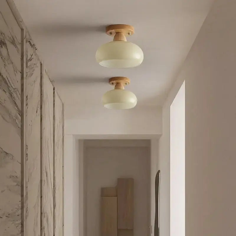 Two off-white dome ceiling lamps with decorbites led wood canopy for modern living room lighting decor