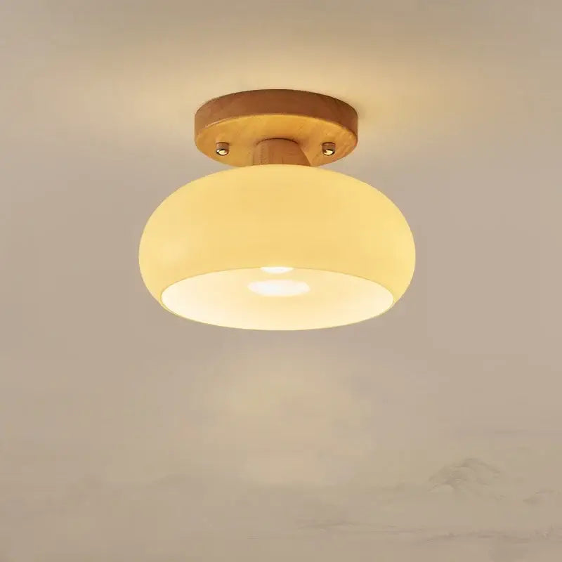 Modern matte dome ceiling lamp with warm-toned frosted glass and a led wood canopy for living room decorbites led wood