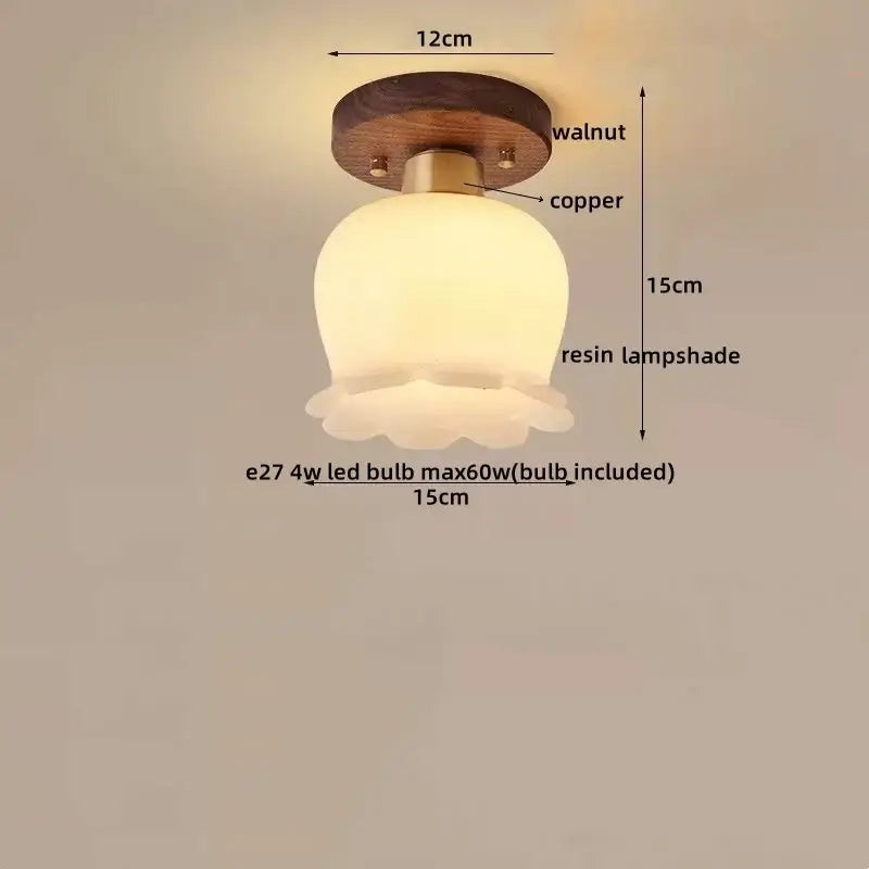 Modern matte dome ceiling lamp with led wood canopy featuring a warm resin flower shade with walnut and copper accents