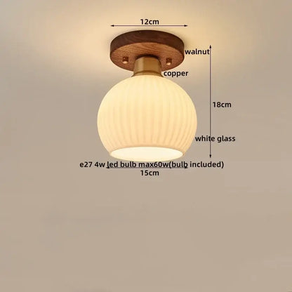Modern matte dome ceiling lamp with warm white ribbed glass, copper hardware, and decorbites led wood canopy in walnut