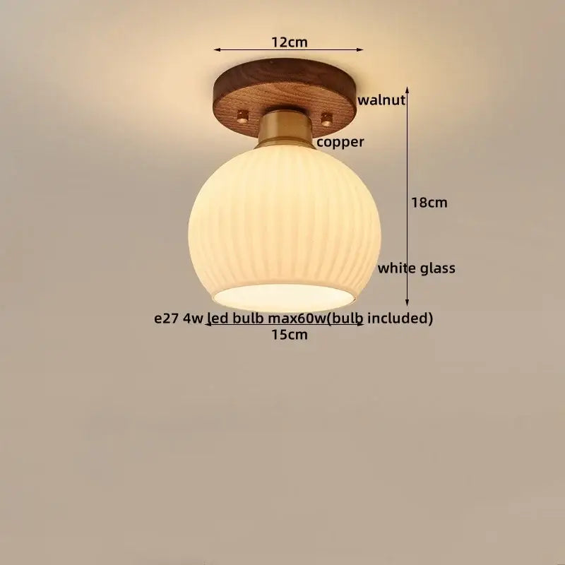 Modern matte dome ceiling lamp with warm white ribbed glass, copper hardware, and decorbites led wood canopy in walnut