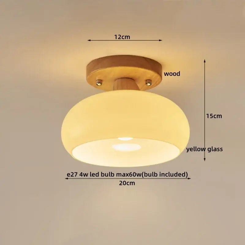 Modern matte dome ceiling lamp with led wood canopy featuring a warm yellow glass shade and wooden base for living room decorbites led wood
