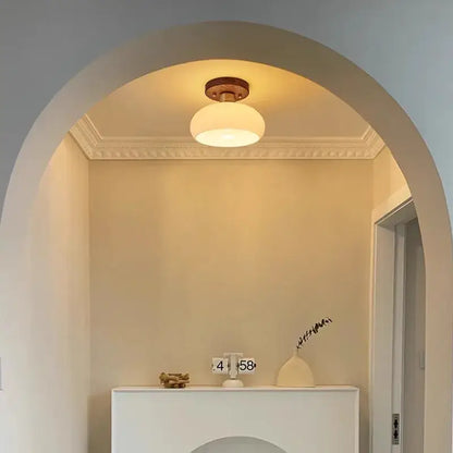 Modern matte dome ceiling lamp with warm-toned frosted glass and decorbites led wood canopy for living room decor