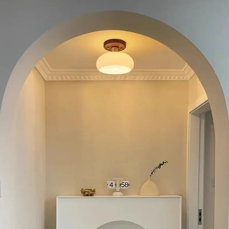 Modern matte dome ceiling lamp with warm-toned frosted glass and decorbites led wood canopy for living room decor