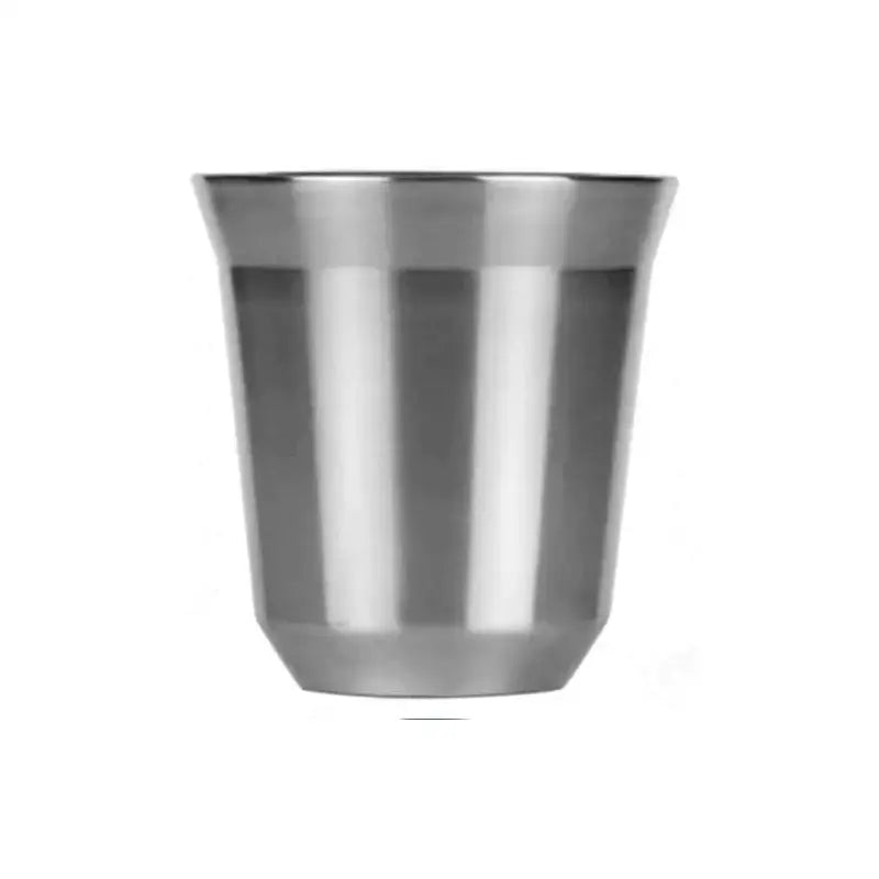 Modern matte double walled espresso cup set featuring sleek brushed stainless steel with tapered cylindrical shape and ridges