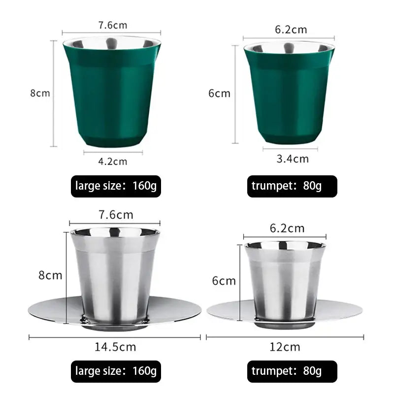 Two stainless steel double walled espresso cups in deep green and reflective metallic finishes for modern kitchen use