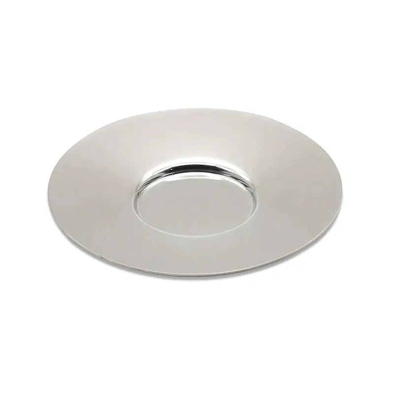 Shiny chrome-finished saucer with smooth reflective surface and raised rim for modern matte double walled espresso cups set